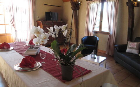 La Grange: Blomst, Bord, Møbel, Ejendom, Plante, Gardin, Dekoration, Indretning, Textile, Dug