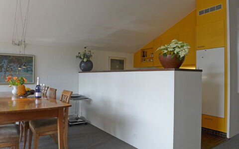 Im Gruebi Apt.5: Bord, Plante, Møbel, Stueplante, Bygning, Blomsterkrukke, Orange, Belysning, Indretning, Træ