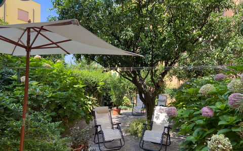 Casa Mary - Levanto: Grøn, Møbel, Paraply, Udendørs Møbler, Busk, Stol, Blomsterkrukke, Have, Skygge