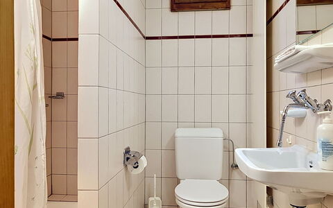 Chalet Clairval: Badeværelse, Toiletbræt, Badeværelsesvask, Sanitærarmatur, Toilet, Gulvbelægning, Håndvask, Indretning, Etage, Tap