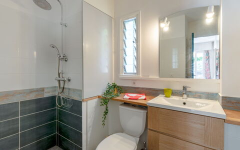 Villas Plein Soleil 1: Spejl, Tap, Sanitærarmatur, Ejendom, Håndvask, Bygning, Badeværelsesskab, Plante, Badeværelse, Badeværelsesvask