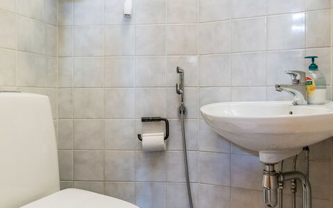 Saaruanaho H1: Badeværelse, Sanitærarmatur, Badeværelsesvask, Håndvask, Toiletbræt, Toilet, Gulvbelægning, Indretning, Tap, Vvs