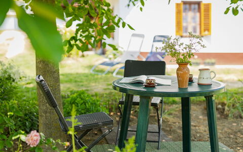 Szijartó: Møbel, Udendørs Møbler, Bord, Udendørs Bord, Stol, Have, Blomsterkrukke, Kaffebord, Stueplante, Bejdse