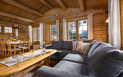 Fjordblick i: Træ, Hjem, Hus, Sommerhus, Bjælkehytte, Hårdttræ, Stue, Couch, Tømmer, Bejdse