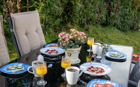 Soltun: Bordservice, Bord, Plante, Møbel, Tallerkner, Mad, Kop, Textile, Stol, Drinkware
