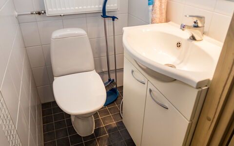 Länsirinne D 16: Badeværelse, Badeværelsesvask, Toiletbræt, Sanitærarmatur, Toilet, Håndvask, Gulvbelægning, Etage, Indretning, Tap