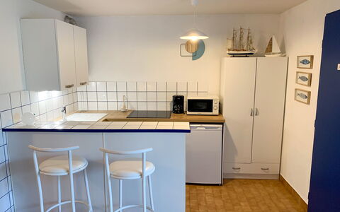 Cap D'Agde 897: Cabinetry, Countertop, Møbel, Køkkenvask, Håndvask, Husholdningsapparat, Køkken, Træ, Stol, Indretning