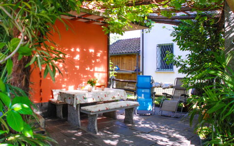 Verzaschina: Plante, Møbel, Udendørs Bench, Bygning, Blad, Botanik, Skygge, Vegetationen, Udendørs Møbler, Træ
