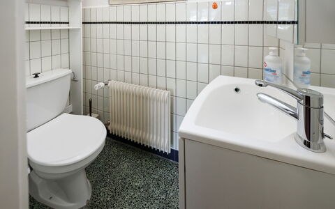 Les Diablerets 600: Badeværelse, Sanitærarmatur, Badeværelsesvask, Håndvask, Gulvbelægning, Toilet, Toiletbræt, Etage, Indretning, Tap