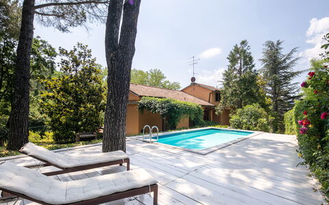 Villa Del Mugello: Himmel, Plante, Sky, Ejendom, Bygning, Vand, Svømmepøl, Træ, Skygge, Udendørs Møbler
