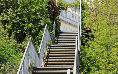 Vinzek: Bygning, Trappe, Plante, Træ, Hus, Hældning, Græs, Træ, Busk, Facade