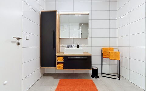 Apart Annabell: Gulvbelægning, Indretning, Etage, Væg, Sanitærarmatur, Træ, Badeværelsesskab, Badeværelse, Cabinetry, Spejl