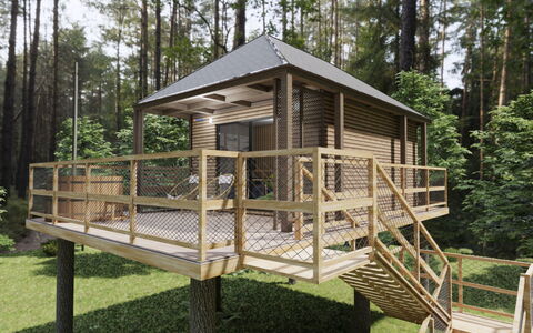Premium Baumhaus mit 1 Schlafzimmer: Plante, Bygning, Træ, Træ, Hjul, Skygge, Himmel, Vindue, Hus, Landskab