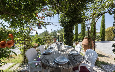 Villa Cevoli: Plante, Bord, Møbel, Bordservice, Stol, Natur, Træ, Udendørs Møbler, Dug, Udendørs Bord