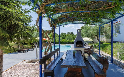Labin 389: Blå, Skygge, Have, Fritid, Landscaping, Udendørs Struktur, Udendørs Møbler, Bænk, Pergola, Backyard