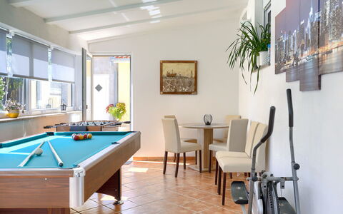 Marija: Bord, Plante, Møbel, Ejendom, Billardbord, Billardstue, Pool, Grøn, Stol, Indretning
