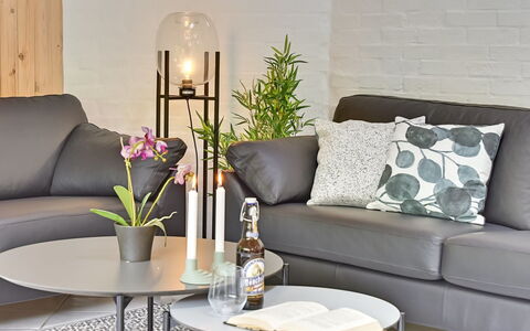 Ellanor - 1Km from the Sea: Møbel, Couch, Indretning, Stue, Bord, Gulvbelægning, Blomsterkrukke, Throw Pillow, Belysning, Hjem