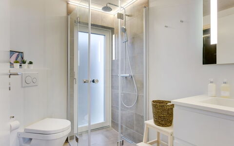 Gubbe - 500M from the Sea: Badeværelse, Indretning, Gulvbelægning, Sanitærarmatur, Væg, Etage, Loft, Toilet, Badeværelsesskab, Håndvask