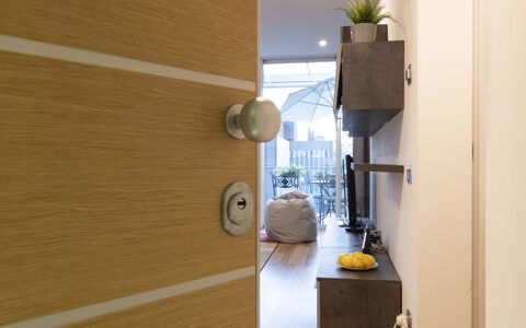 Florence Suite Apartment: Bygning, Træ, Stueplante, Blomsterkrukke, Dør, Reoler, Etage, Gulvbelægning, Plante, Hårdttræ