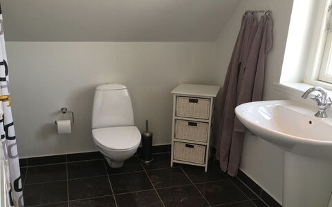 Ejda - 700M from the Sea: Toiletbræt, Badeværelse, Gulvbelægning, Toilet, Etage, Sanitærarmatur, Indretning, Vvs, Flise, Badeværelsesvask
