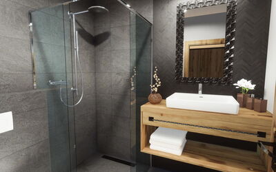 Superior mit 1 Schlafzimmer 900.4: Spejl, Tap, Brusehoved, Badeværelse, Håndvask, Sanitærarmatur, Indretning, Brusepanel, Arkitektur, Bruser