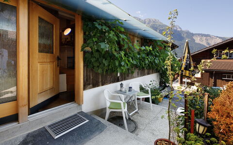 Brienzwiler 125: Blomsterkrukke, Skygge, Stueplante, Bejdse, Stol, Eco Hotel, Restaurant, Altan
