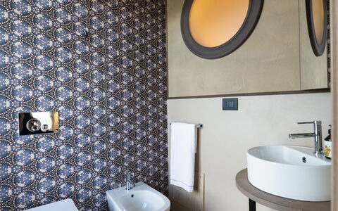 Relais Casa Clara - Roero - Langhe, Piemonte: Spejl, Sanitærarmatur, Ejendom, Tap, Badeværelsesvask, Håndvask, Badeværelse, Bygning, Purple, Toiletbræt