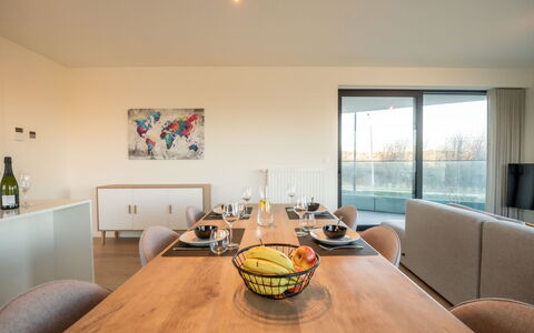 One with Terrace and Dune View: Bord, Møbel, Ejendom, Vindue, Træ, Stol, Indretning, Belysning, Gulvbelægning, Komfort