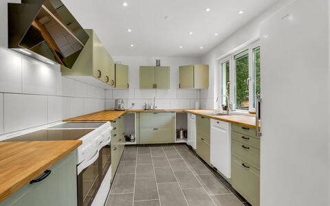 Rajna - 250M from the Sea: Køkken, Countertop, Cabinetry, Gulvbelægning, Køkken Apparat, Indretning, Træ, Større Bandage, Loft, Etage