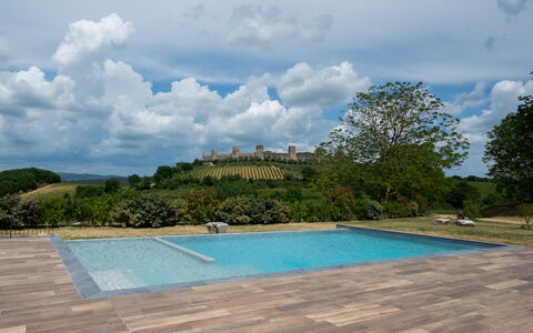 La Piazzetta, Borgo Campassini, Monteriggioni: Svømmepøl, Have, Flise, Landscaping, Skygge, Trægulve, Walkway, Backyard, Udendørs Møbler, Flise