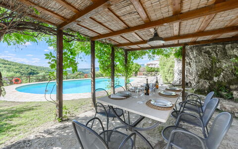 Villa Poggio La Croce: Møbel, Udendørs Møbler, Stol, Svømmepøl, Udendørs Bord, Udvej, Flise, Eco Hotel, Skygge, Køkken & Spisebord