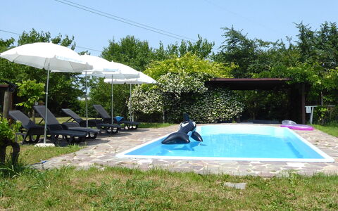 Silea Apartments, Pool, Garden, Treviso: Svømmepøl, Udendørs Møbler, Paraply, Udvej, Fritid, Møbel, Skygge, Liggestol, Eco Hotel, Stol