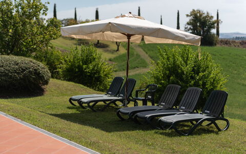Green Hill Apartment In Tuscan Countryside: Møbel, Udendørs Møbler, Stol, Skygge, Liggestol, Udendørs Bord, Have, Paraply, Lawn