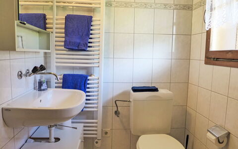 Chalet Träumli: Badeværelse, Sanitærarmatur, Toiletbræt, Toilet, Badeværelsesvask, Håndvask, Gulvbelægning, Etage, Indretning, Tap