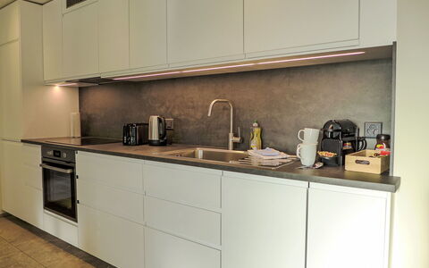 Huus Chloster, Apt Niesen: Køkken, Køkken Apparat, Countertop, Gulvbelægning, Indretning, Cabinetry, Træ, Større Bandage, Husholdningsapparat, Møbel