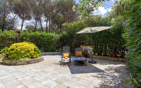 Oleandri: Have, Flise, Skygge, Landscaping, Flise, Udendørs Møbler, Blomsterkrukke, Backyard, Walkway, Gård