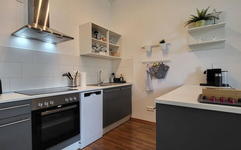 Modernes Apartment in Magdeburg: Køkken Apparat, Køkken, Countertop, Cabinetry, Større Bandage, Komfur, Indretning, Gulvbelægning, Husholdningsapparat, Møbel
