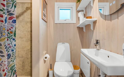 Edvard - 300M from the Sea: Træ, Sanitærarmatur, Gulvbelægning, Badeværelse, Toilet, Toiletbræt, Indretning, Etage, Badeværelsesvask, Håndvask