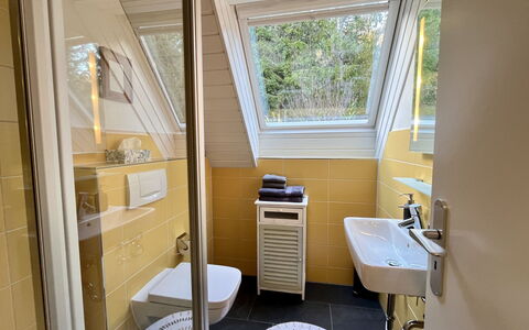 Falkennest - mit Blick auf Den Titisee: Gulvbelægning, Indretning, Etage, Sanitærarmatur, Vvs, Loft, Badeværelse, Flise, Glas, Toilet