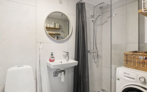 Kanutte - 250M from the Sea: Gulvbelægning, Indretning, Etage, Sanitærarmatur, Toilet, Toiletbræt, Vaskemaskine, Håndvask, Badeværelse, Loft