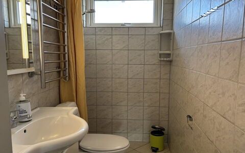Rikulf - 150M from the Sea: Badeværelse, Sanitærarmatur, Gulvbelægning, Væg, Etage, Indretning, Toilet, Badeværelsesvask, Toiletbræt, Håndvask