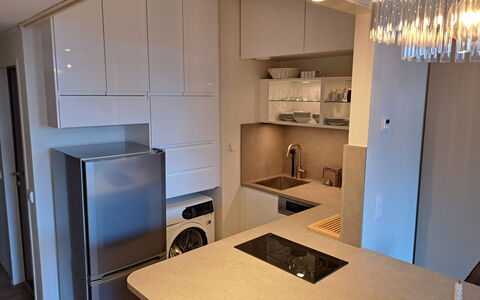 Studio Landskron Seezugang: Countertop, Indretning, Gulvbelægning, Køkken, Etage, Træ, Møbel, Køkken Apparat, Loft, Cabinetry