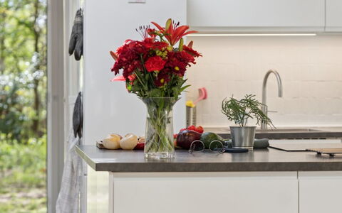 Aiko - 1.8Km from the Sea: Køkken, Countertop, Indretning, Blomsterkrukke, Møbel, Stueplante, Cabinetry, Køkken Apparat, Gulvbelægning, Hjem