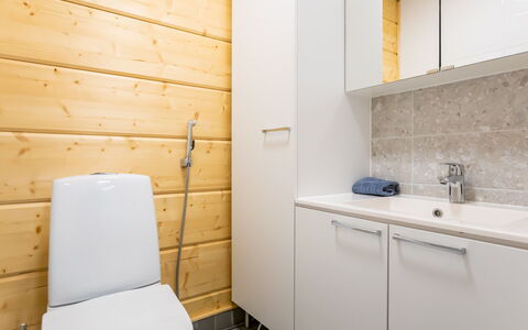 Joutsenranta: Gulvbelægning, Toiletbræt, Sanitærarmatur, Badeværelse, Toilet, Badeværelsesvask, Etage, Træ, Håndvask, Badeværelsesskab
