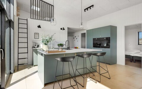 Marten - 500M from the Sea: Møbel, Indretning, Køkken, Gulvbelægning, Lysarmatur, Etage, Countertop, Loft, Stol, Køkken & Spisebord