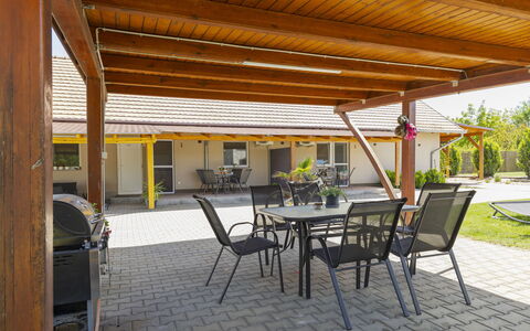 Balatonbereny 101: Træ, Veranda, Skygge, Loft, Udendørs Struktur, Bejdse, Bjælke, Blomsterkrukke, Markise, Hårdttræ