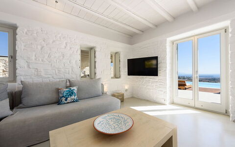 Villa Melina: Møbel, Gulvbelægning, Hav, Kyst, Lejlighed, Ocean, Stenmur, Stue, Udvej