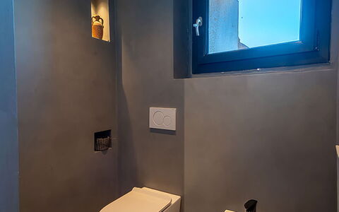 Iris House: Sanitærarmatur, Toiletbræt, Toilet, Gulvbelægning, Badeværelse, Etage, Vvs, Spejl, Bidet, Flise