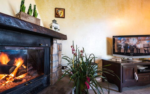 Villa Pandora: Hearth, Møbel, Indretning, Stue, Belysning, Varme, Værelse, Couch, Ildsted