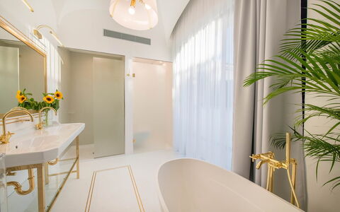 Suite Agave: Sanitærarmatur, Indretning, Badeværelse, Vvs, Tap, Loft, Lysarmatur, Badekar, Molding, Håndvask
